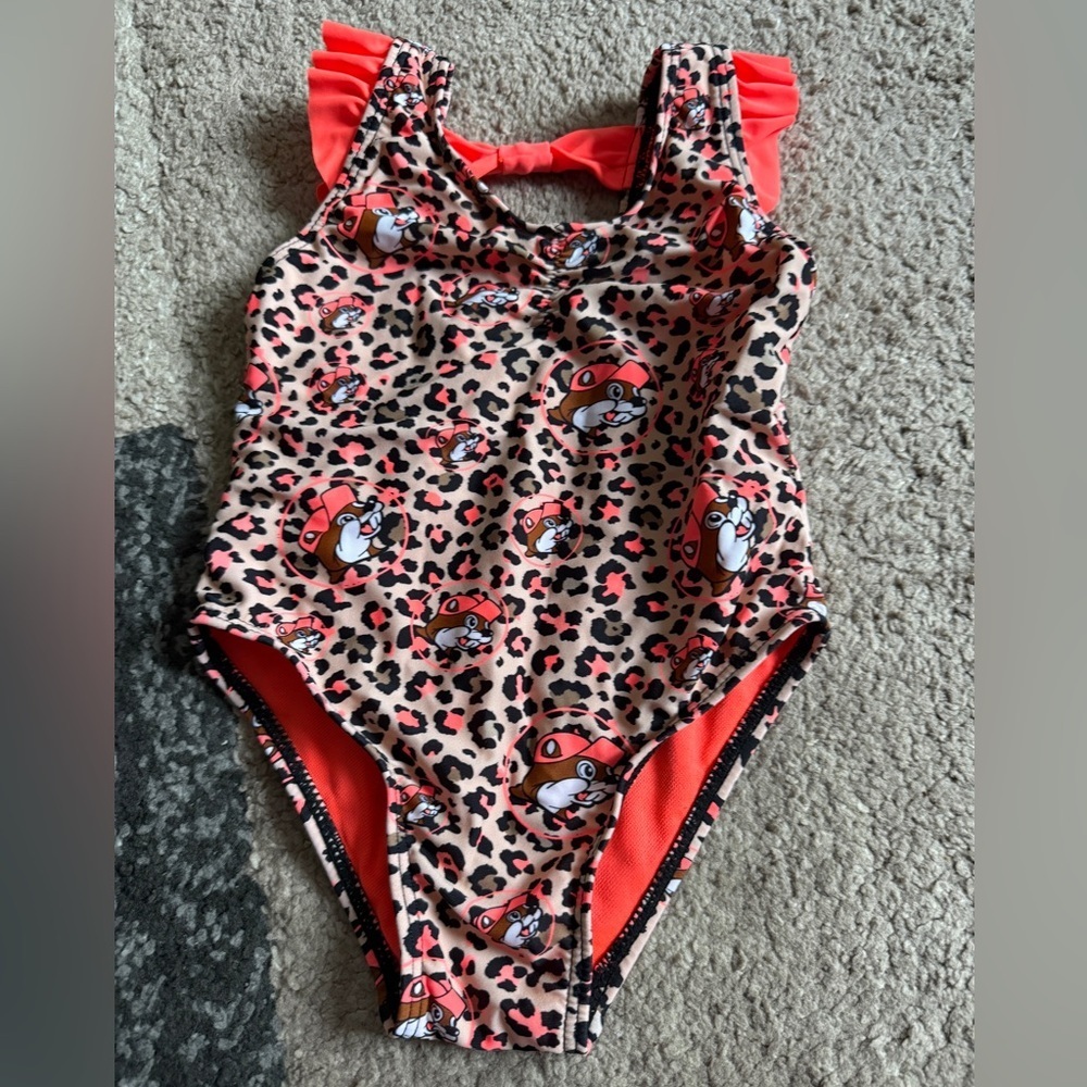 Buc-ee’s Girls Leopard Print One-Piece Swimsuit with Cartoon Fox- 12-18 months